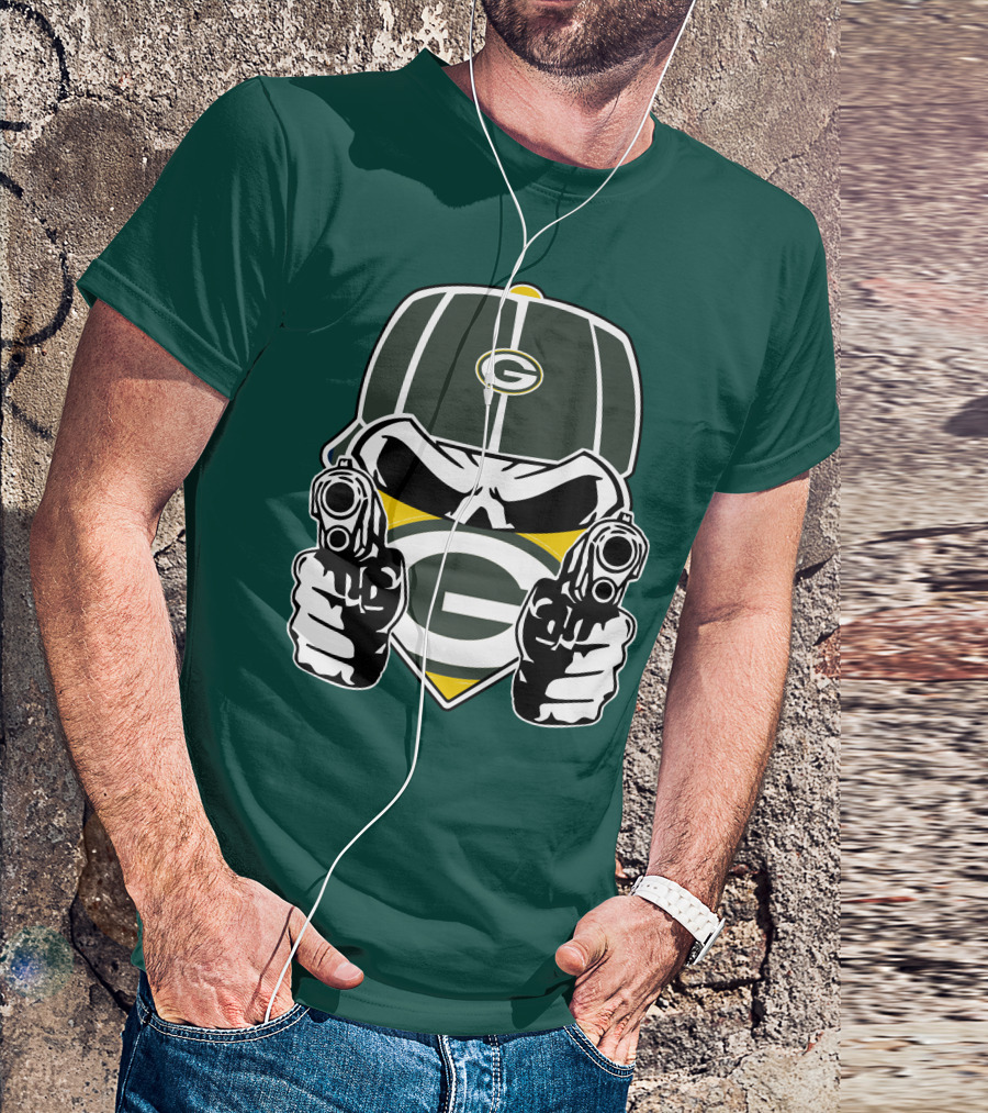 Green Bay Packers G Logo Helmet With Crossed Guns Face Mask T-Shirt