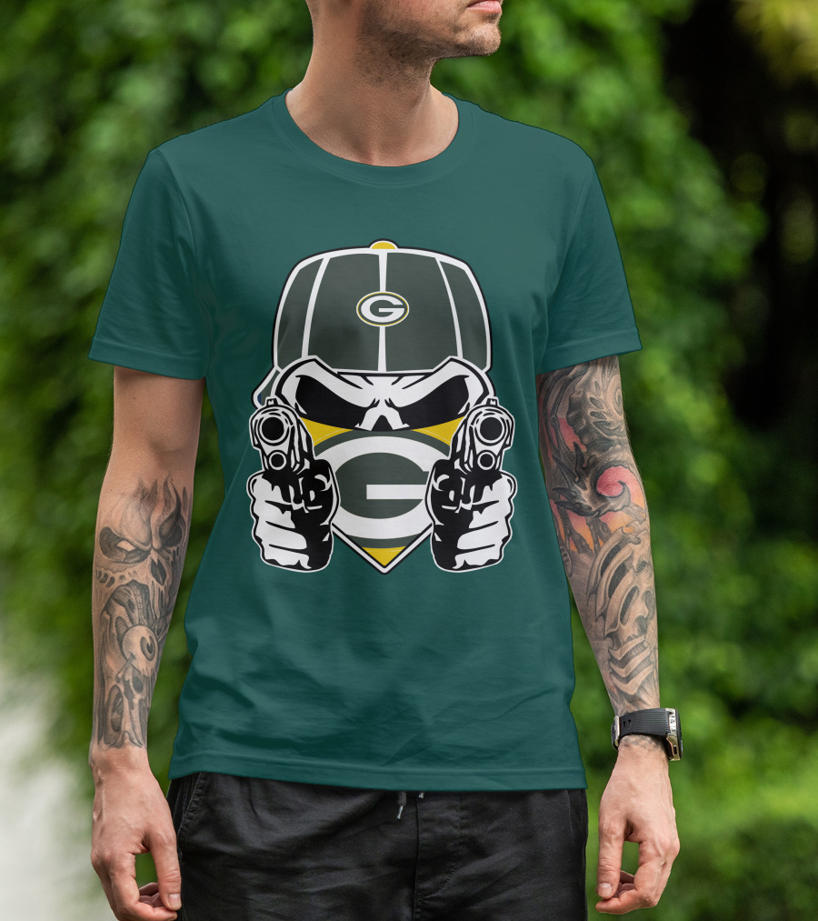 Green Bay Packers G Logo Helmet With Crossed Guns Face Mask T-Shirt