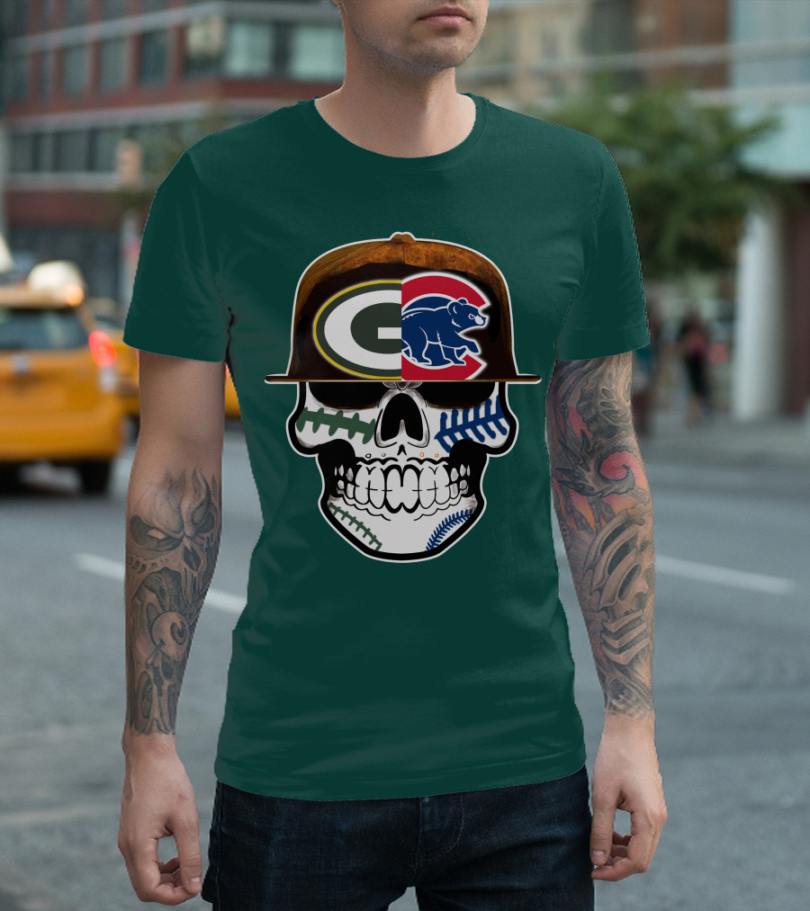 Green Bay Packers Chicago Cubs Skull Hat T-Shirt