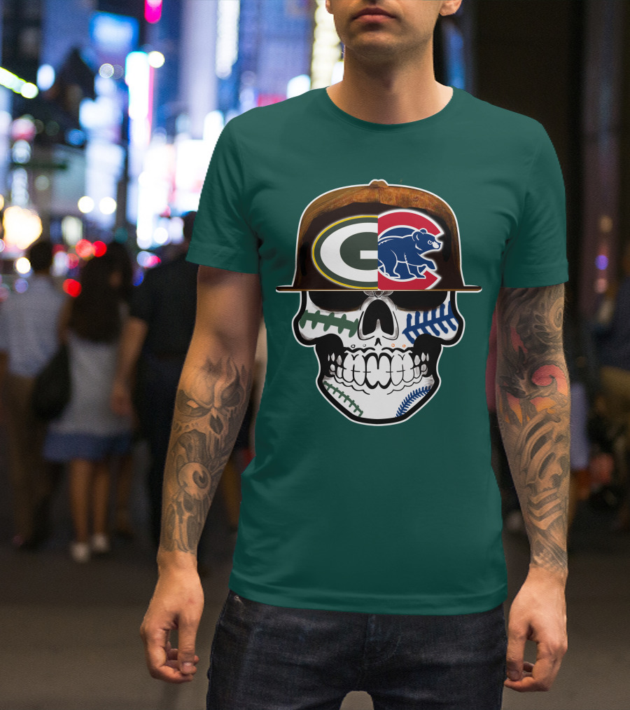 Green Bay Packers Chicago Cubs Skull Hat T-Shirt