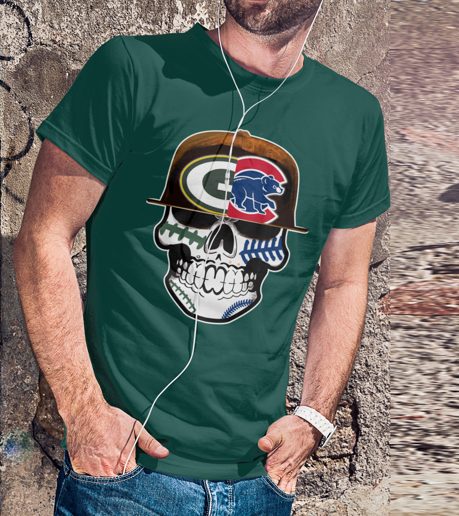 Green Bay Packers Chicago Cubs Skull Hat T-Shirt