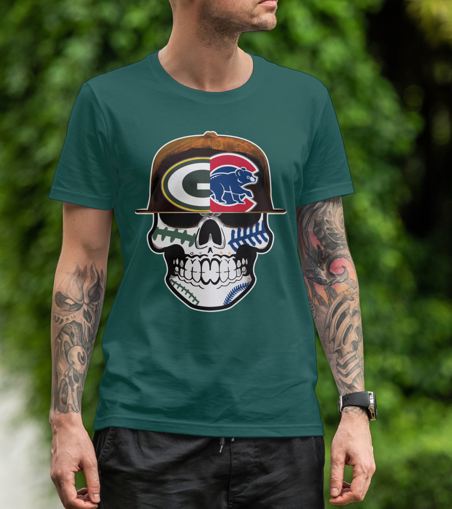 Green Bay Packers Chicago Cubs Skull Hat T-Shirt