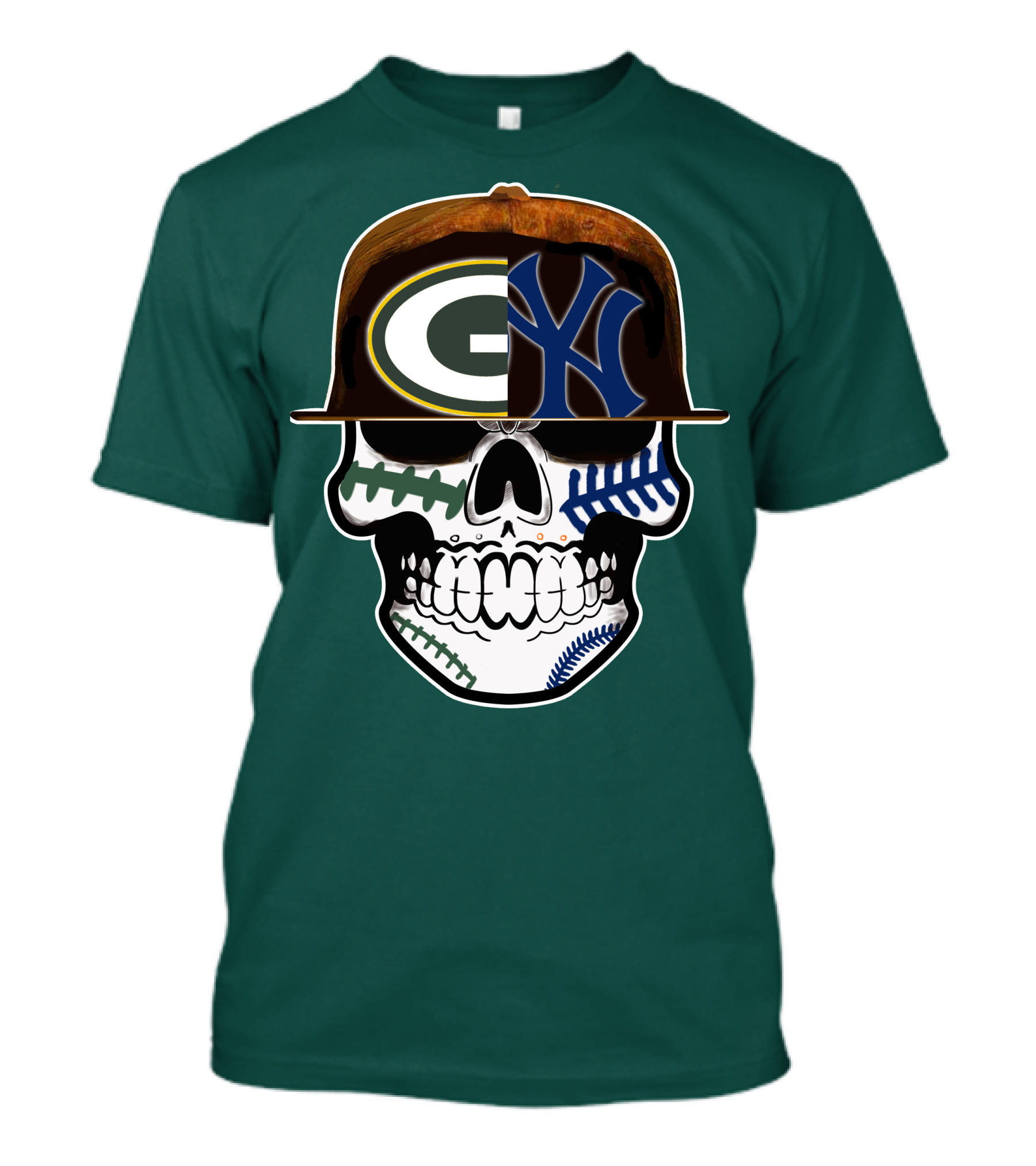 Green Bay Packers New York Yankees Split Skull Cap T-Shirt