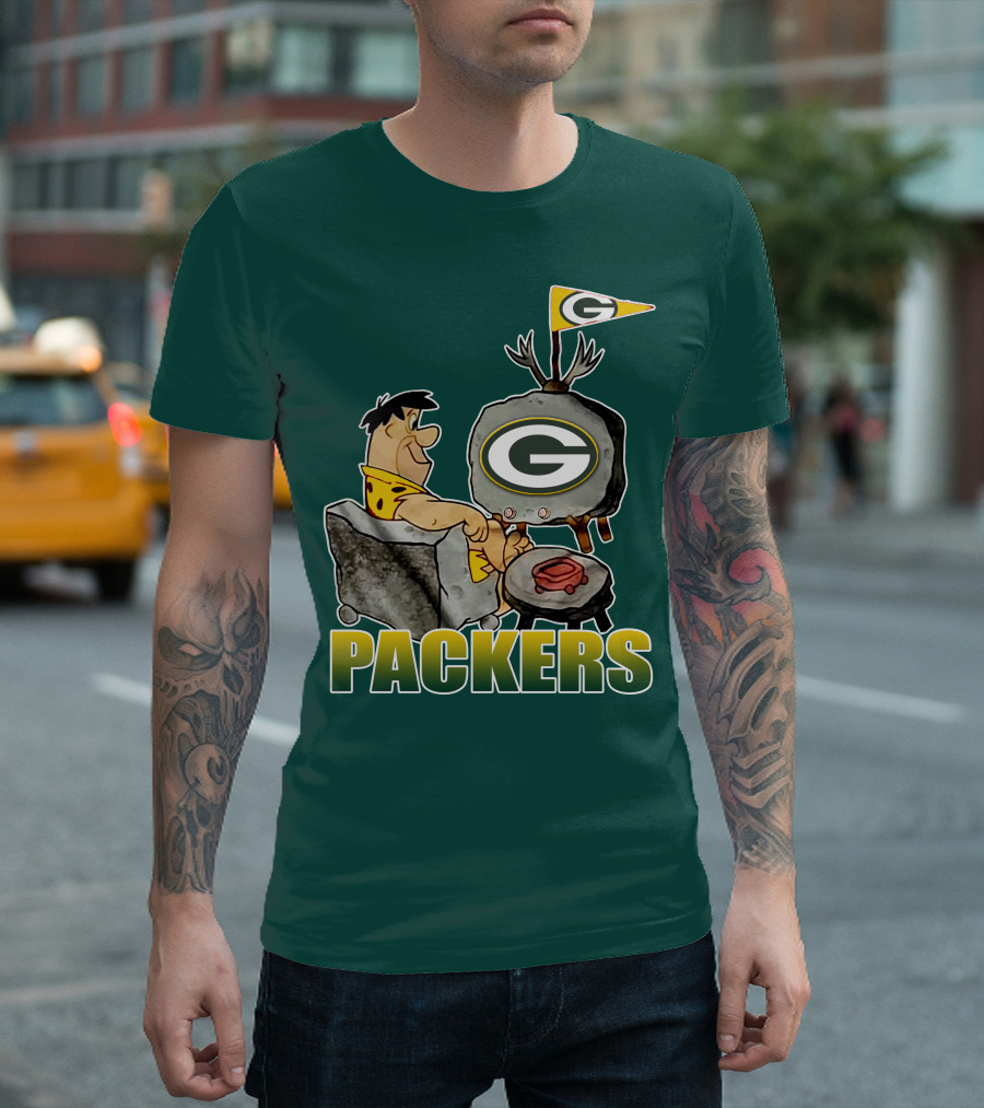 Packers Fred Flintstone Watching Tv With Green Bay T-Shirt