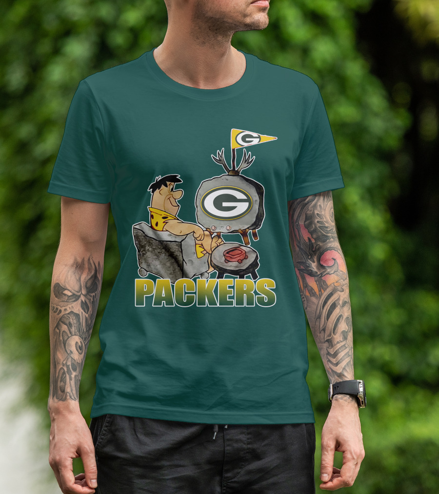 Packers Fred Flintstone Watching Tv With Green Bay T-Shirt