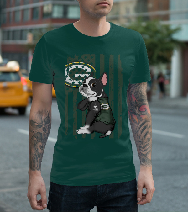 Boston Terrier Holding I Love Mom Green Bay Packers T-Shirt
