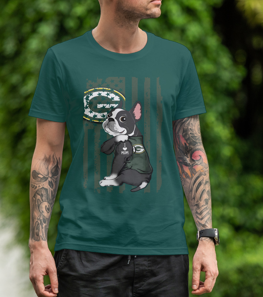 Boston Terrier Holding I Love Mom Green Bay Packers T-Shirt