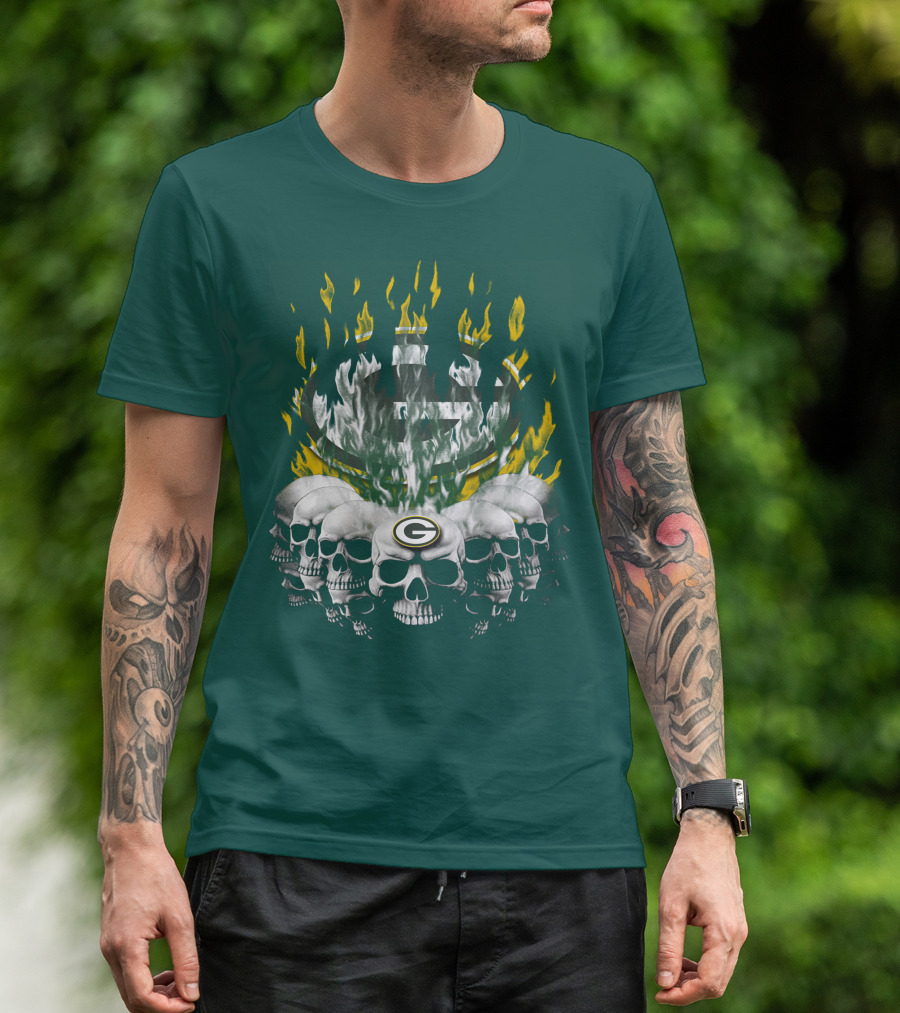Green Bay Packers Flaming Skull T-Shirt