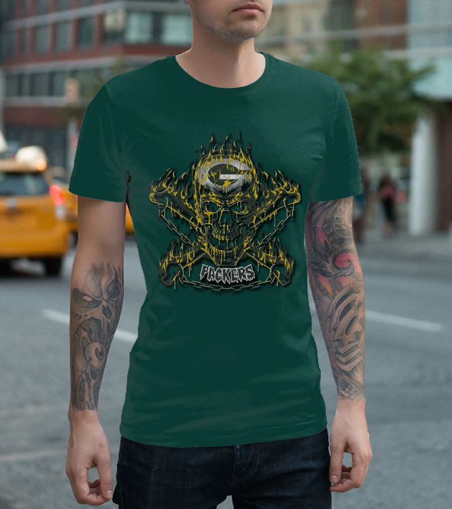 Packers Skull Flames 35 Green Bay T-Shirt