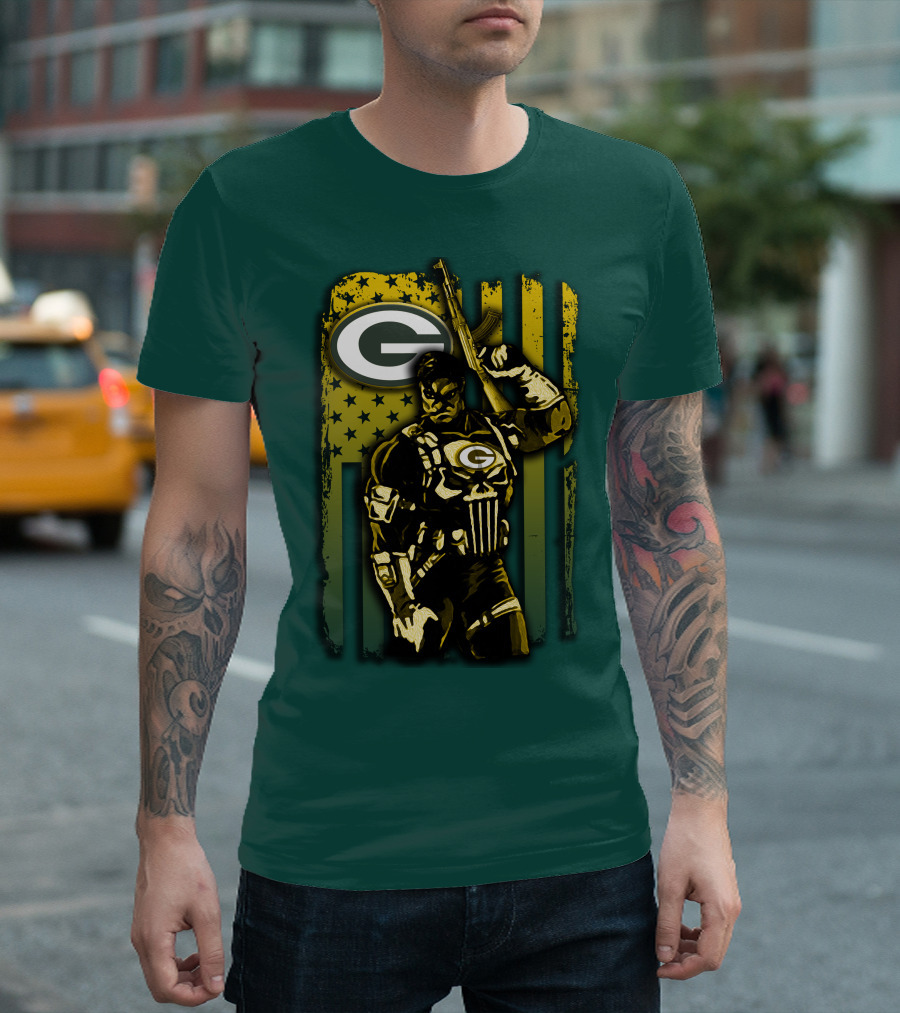 Green Bay Packers Soldier With Rifle And American Flag T-Shirt