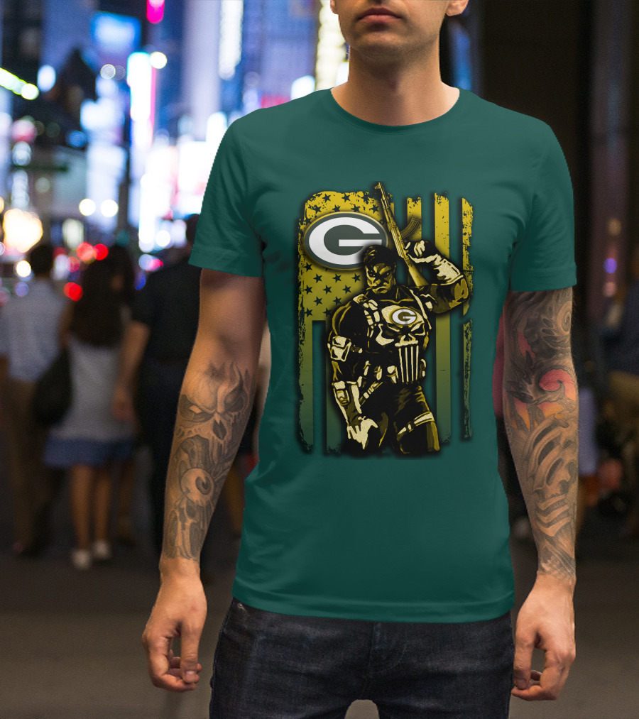 Green Bay Packers Soldier With Rifle And American Flag T-Shirt