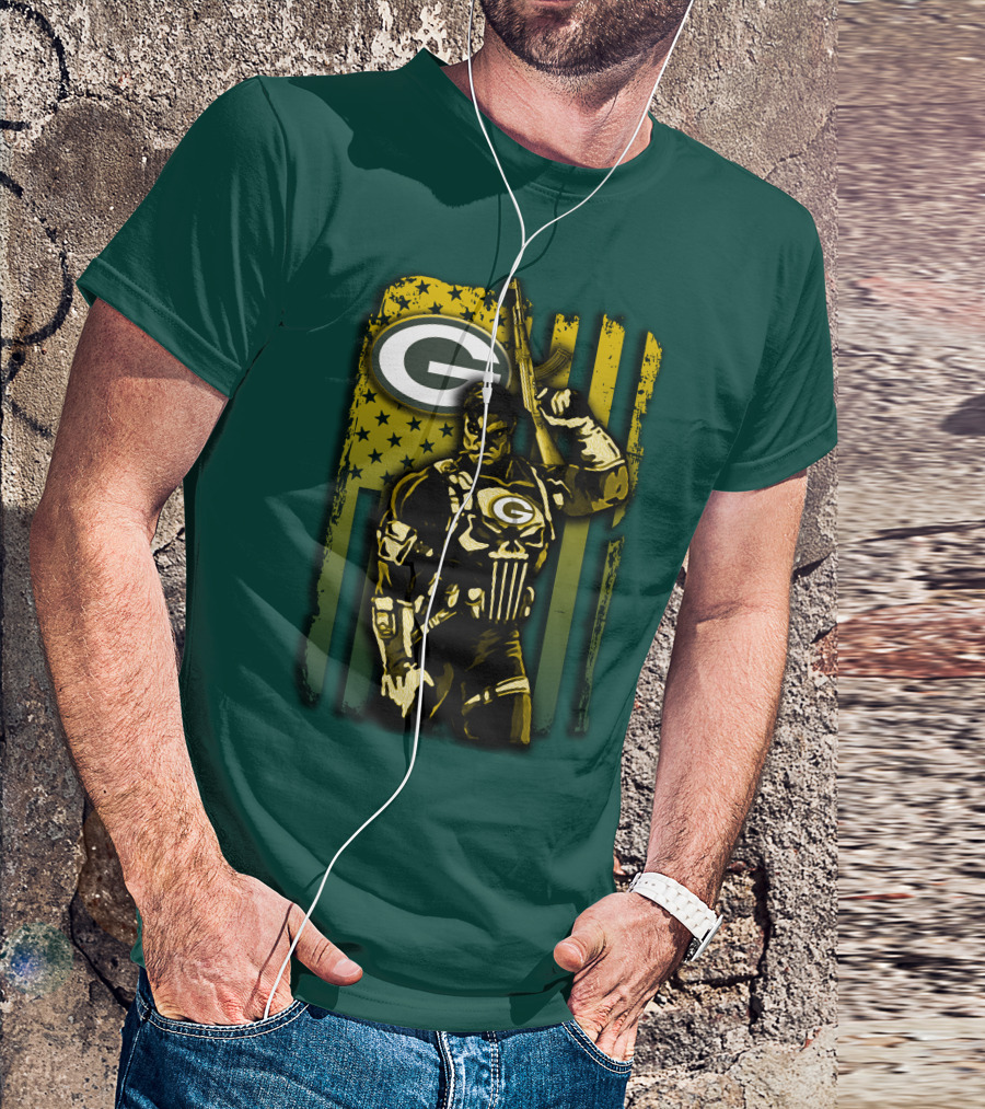 Green Bay Packers Soldier With Rifle And American Flag T-Shirt