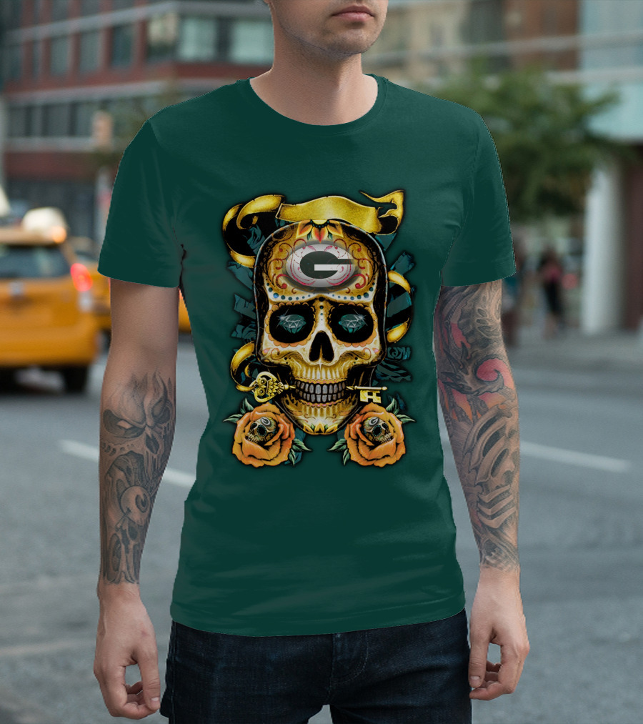 Green Bay Packers Sugar Skull Gothic Design With Floral And Key Elements T-Shirt