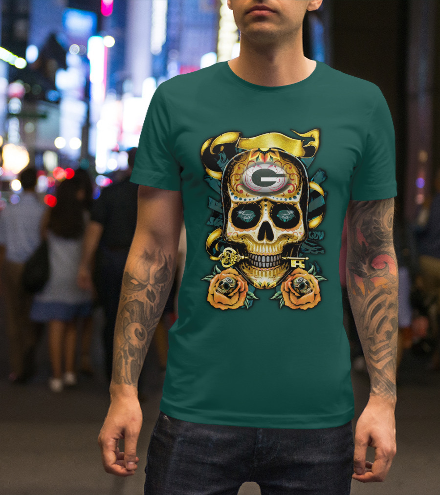 Green Bay Packers Sugar Skull Gothic Design With Floral And Key Elements T-Shirt