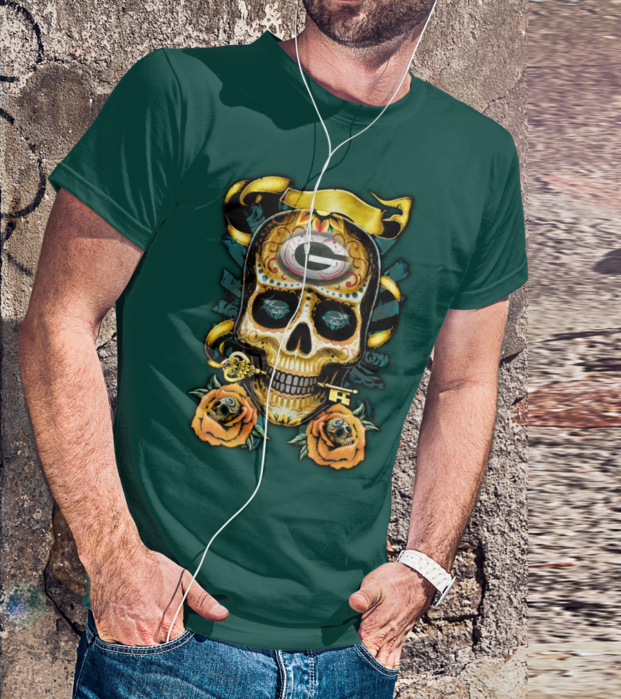Green Bay Packers Sugar Skull Gothic Design With Floral And Key Elements T-Shirt