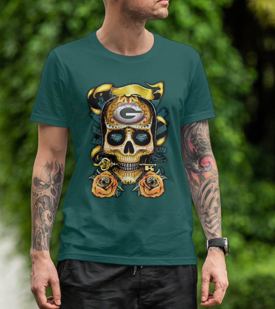 Green Bay Packers Sugar Skull Gothic Design With Floral And Key Elements T-Shirt