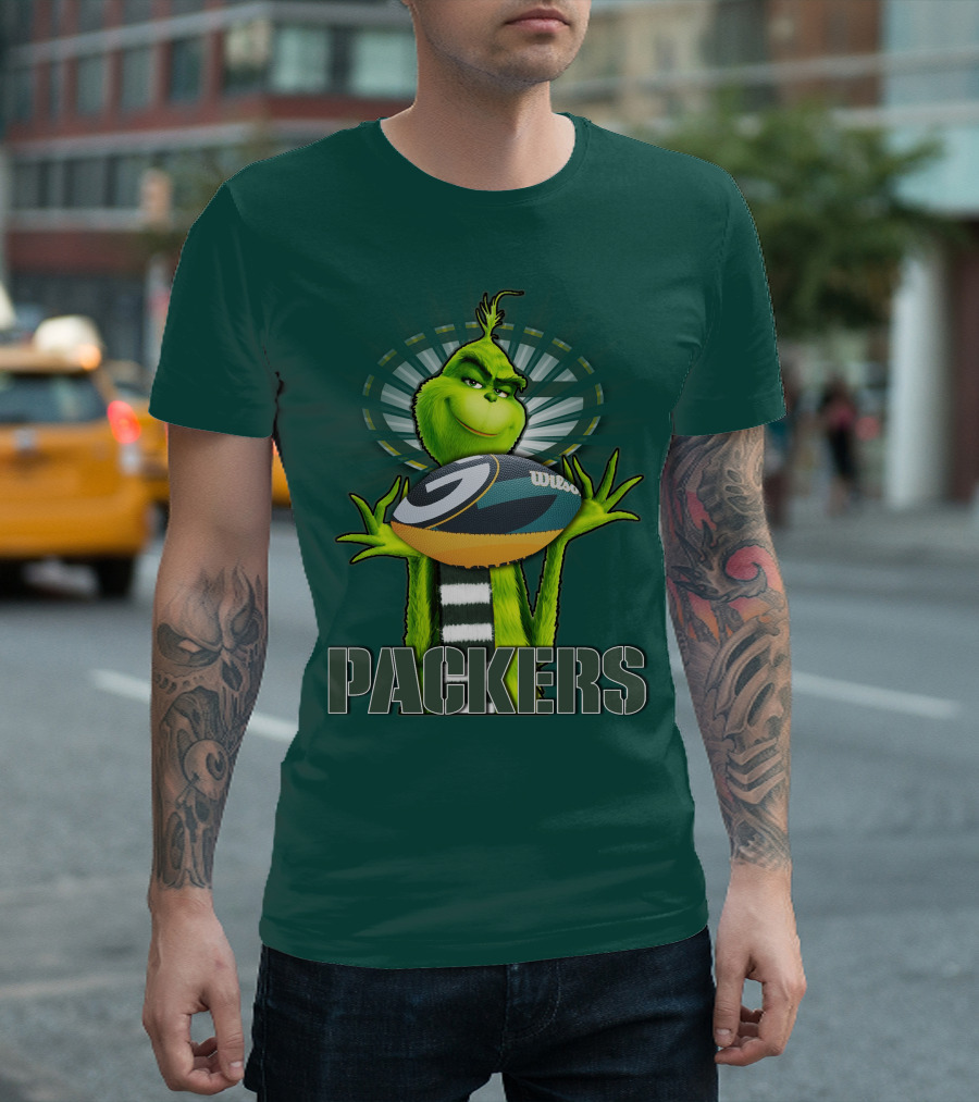 Grinch Holding Green Bay Packers Wilson Football T-Shirt