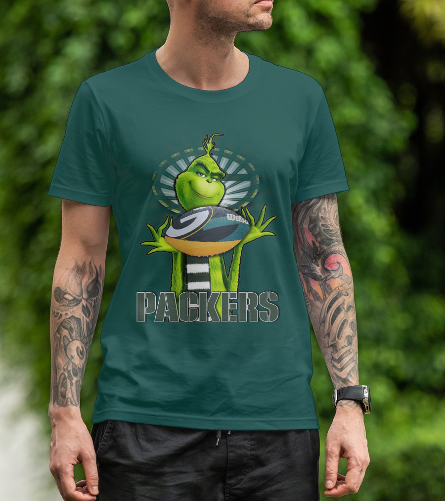 Grinch Holding Green Bay Packers Wilson Football T-Shirt