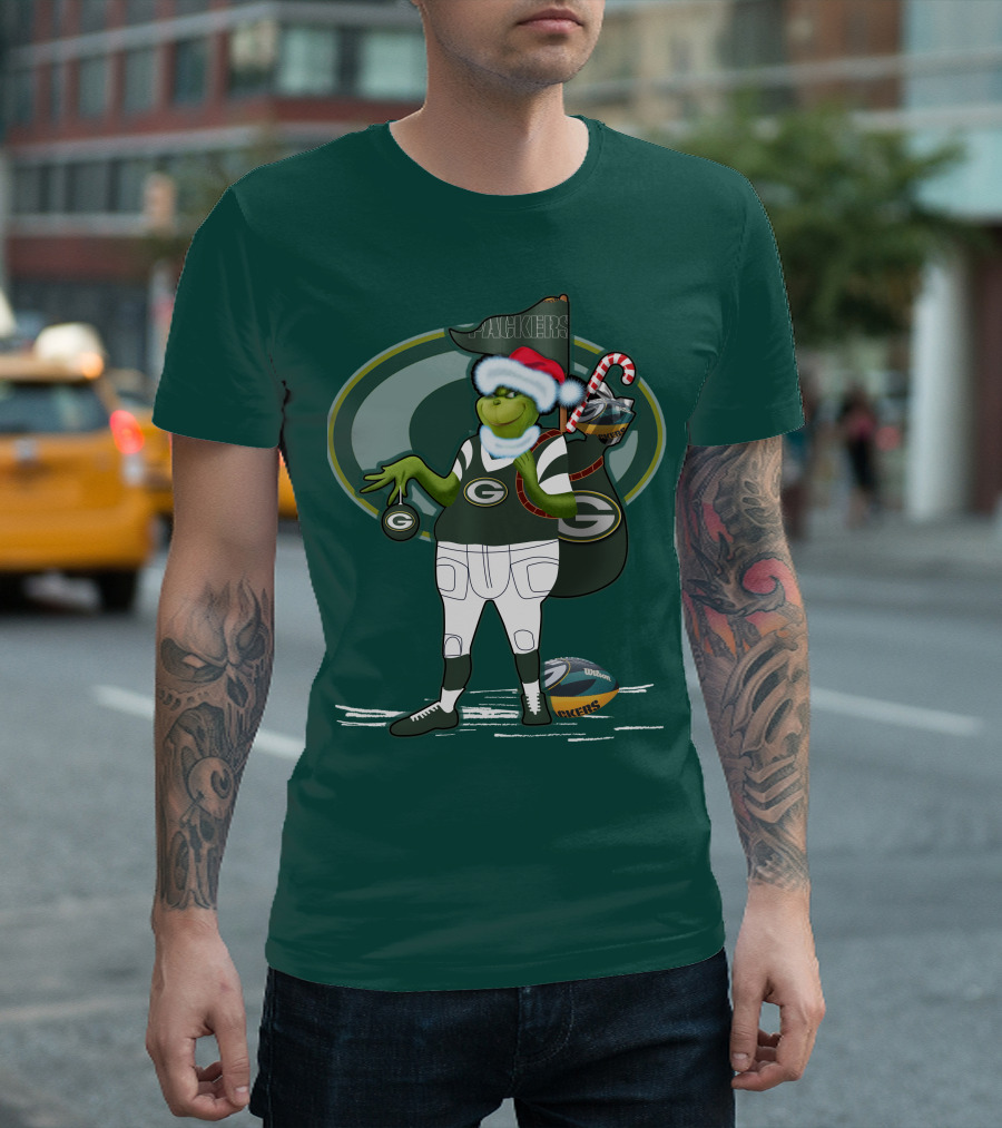 Grinch Green Bay Packers Christmas Santa Hat Football Candy Cane T-Shirt