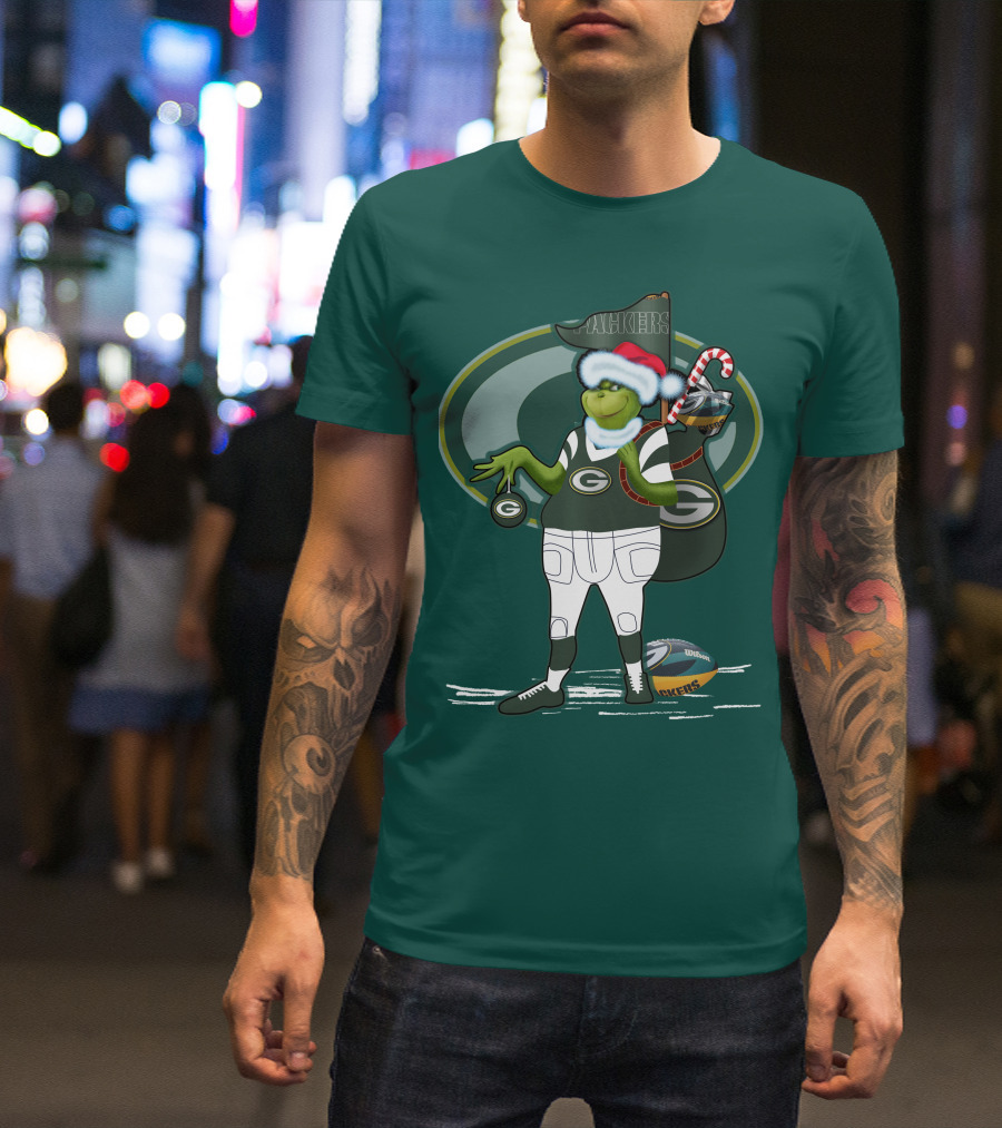 Grinch Green Bay Packers Christmas Santa Hat Football Candy Cane T-Shirt