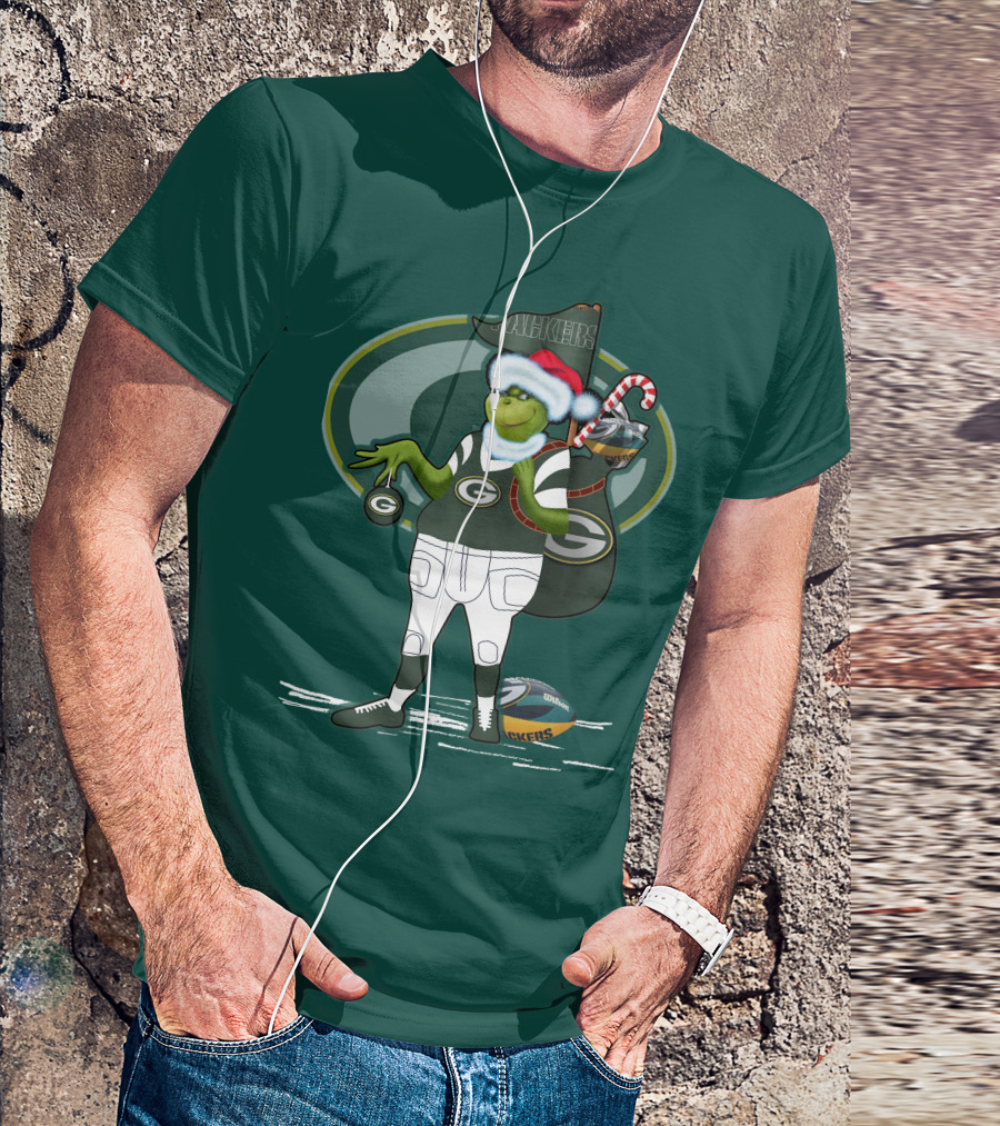 Grinch Green Bay Packers Christmas Santa Hat Football Candy Cane T-Shirt