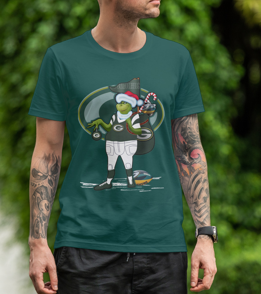 Grinch Green Bay Packers Christmas Santa Hat Football Candy Cane T-Shirt