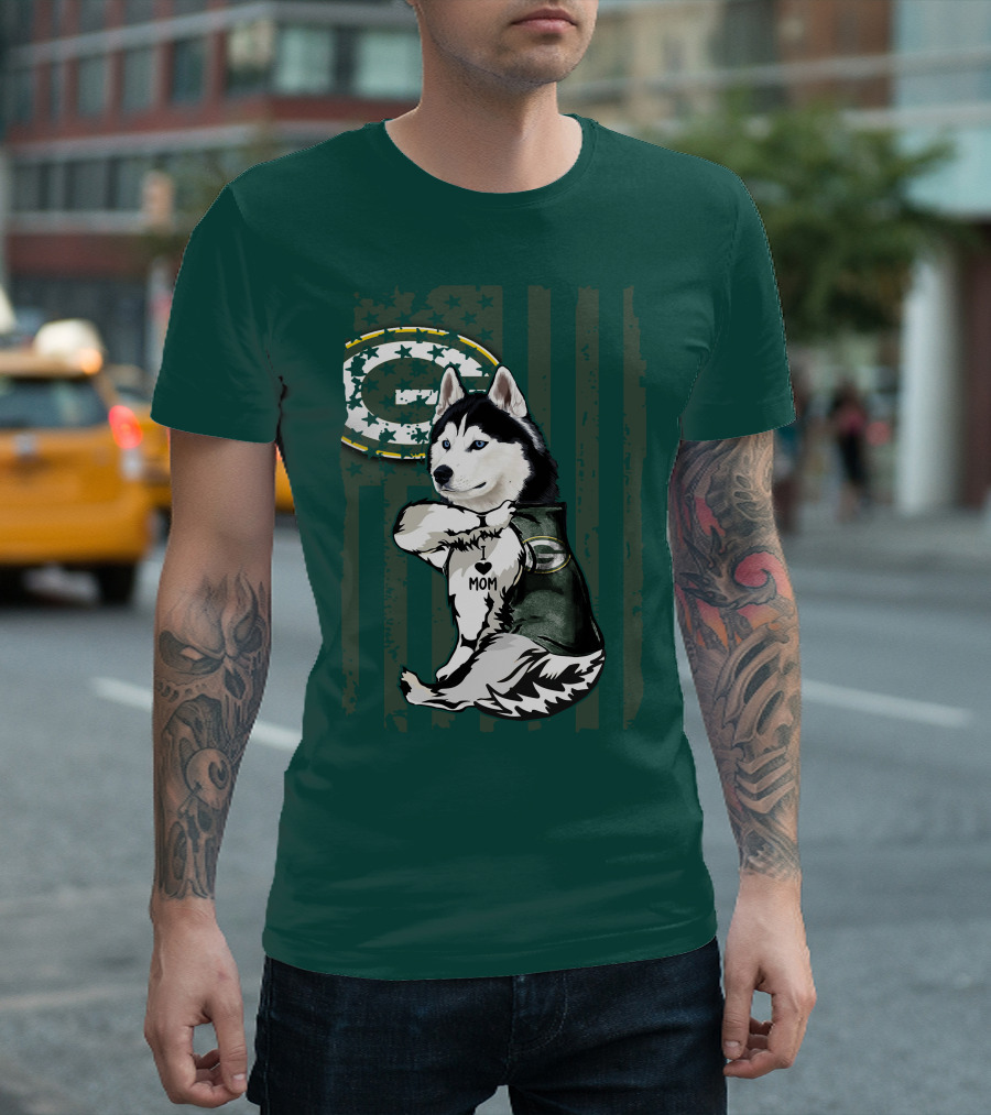 Siberian Husky Green Bay Packers Mom Fan With Heart Tattoo And Team T-Shirt