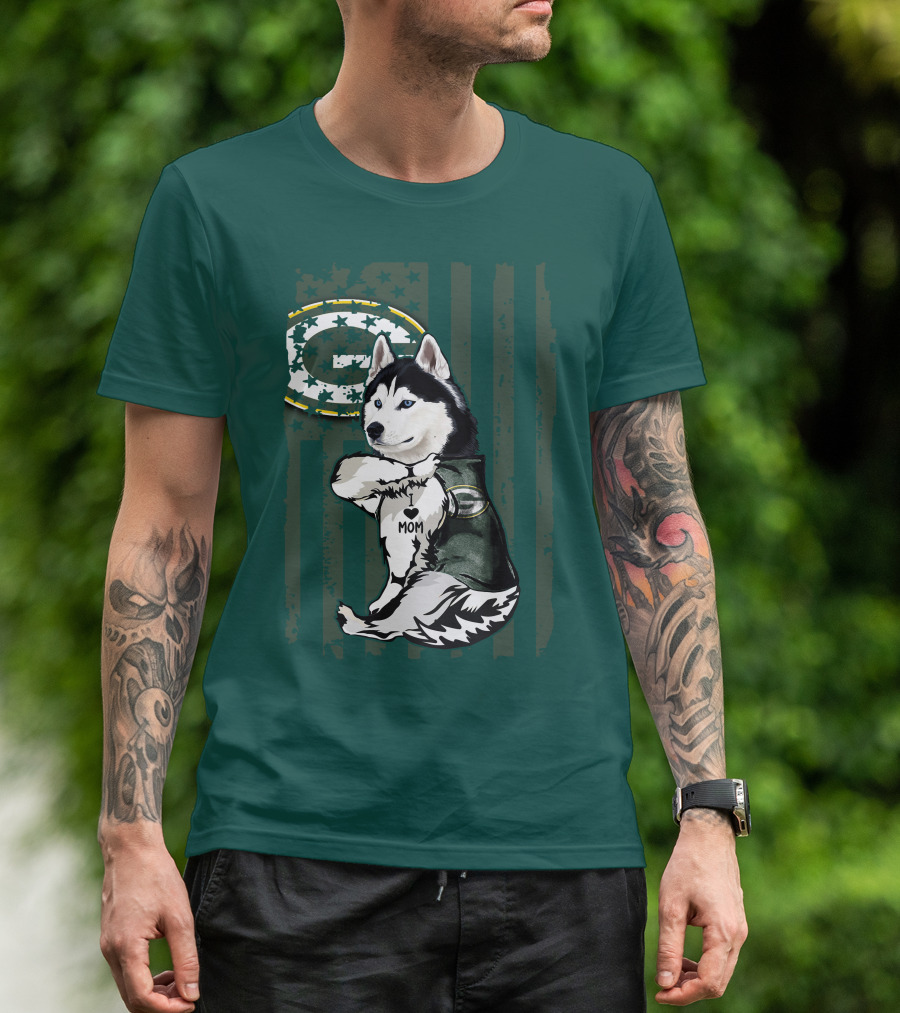 Siberian Husky Green Bay Packers Mom Fan With Heart Tattoo And Team T-Shirt