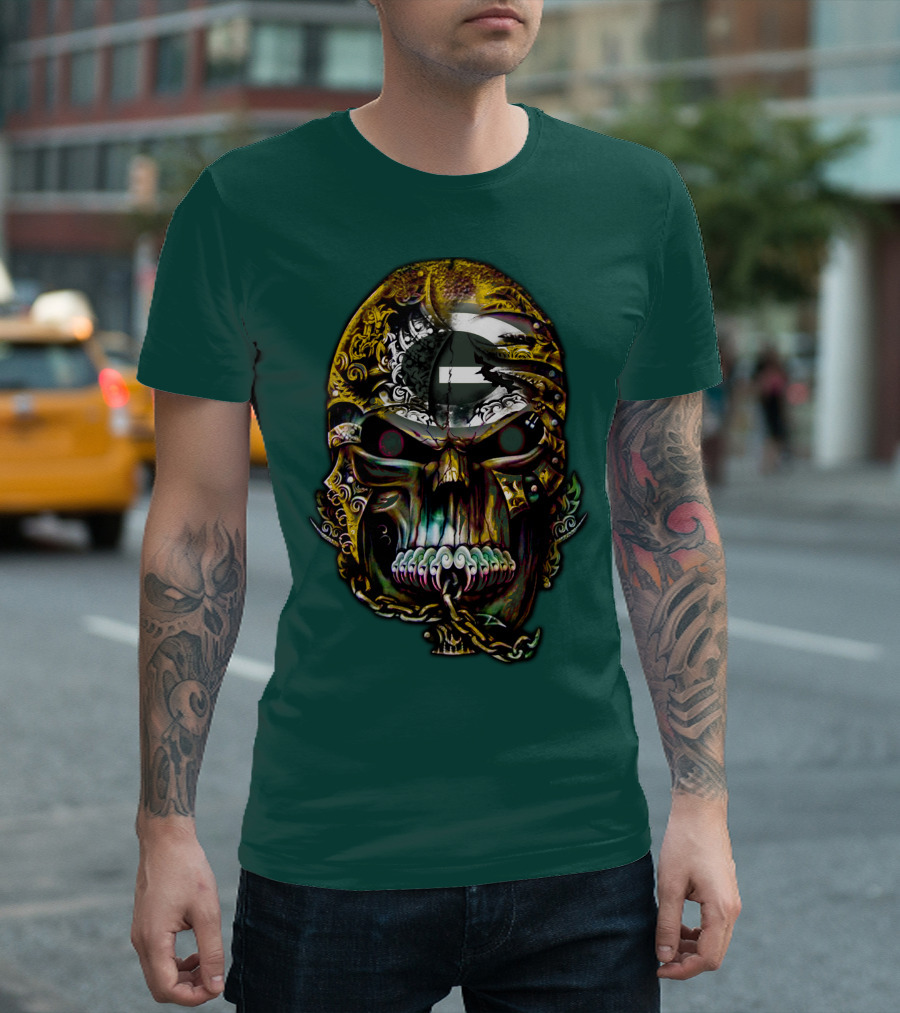 Green Bay Packers 82 Skull Art With Chain Motif T-Shirt