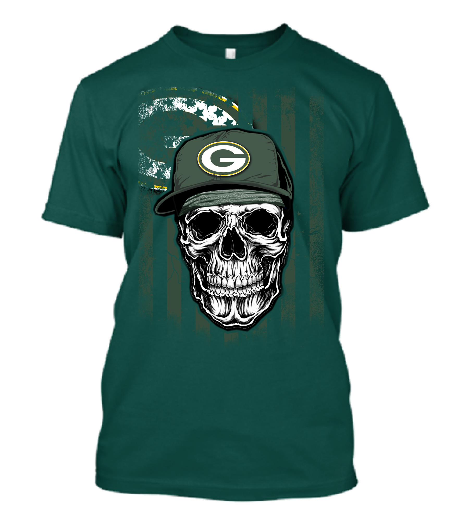 Skull Wearing Green Bay Packers Cap On Flag Background T-Shirt