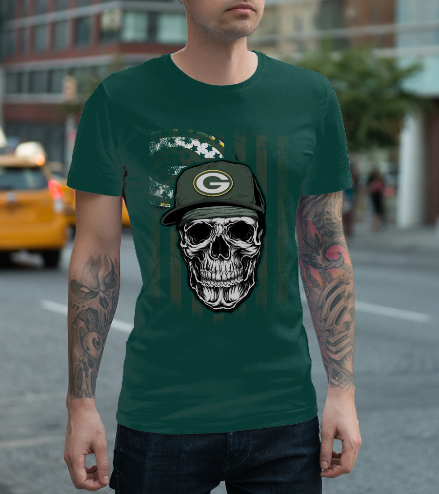 Skull Wearing Green Bay Packers Cap on Flag Background T-Shirt