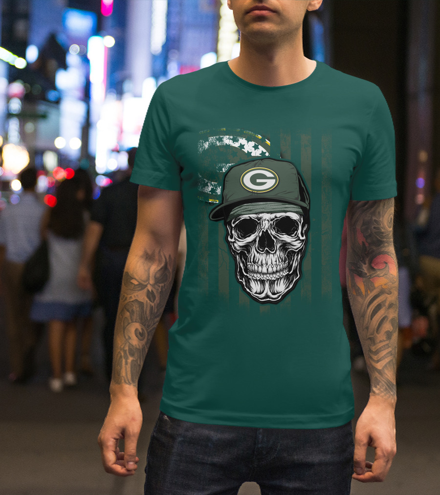 Skull Wearing Green Bay Packers Cap On Flag Background T-Shirt