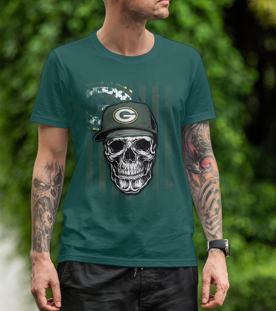 Skull Wearing Green Bay Packers Cap On Flag Background T-Shirt