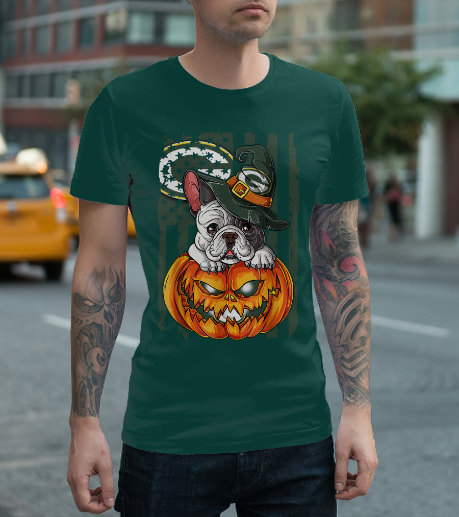 Hlw Bulldog Halloween Witch Green Bay Packers Pumpkin T-Shirt