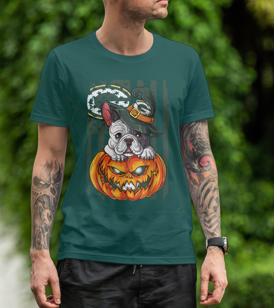 Hlw Bulldog Halloween Witch Green Bay Packers Pumpkin T-Shirt
