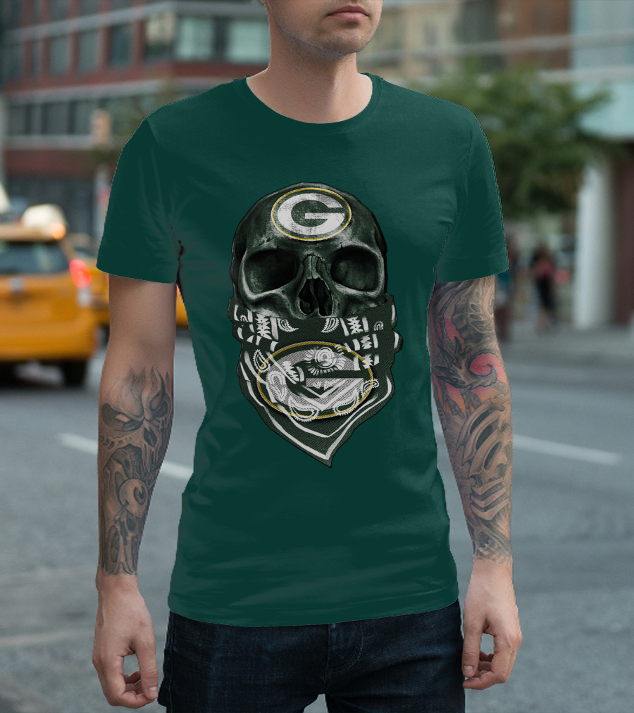 Skull Wearing Green Bay Packers Bandana T-Shirt
