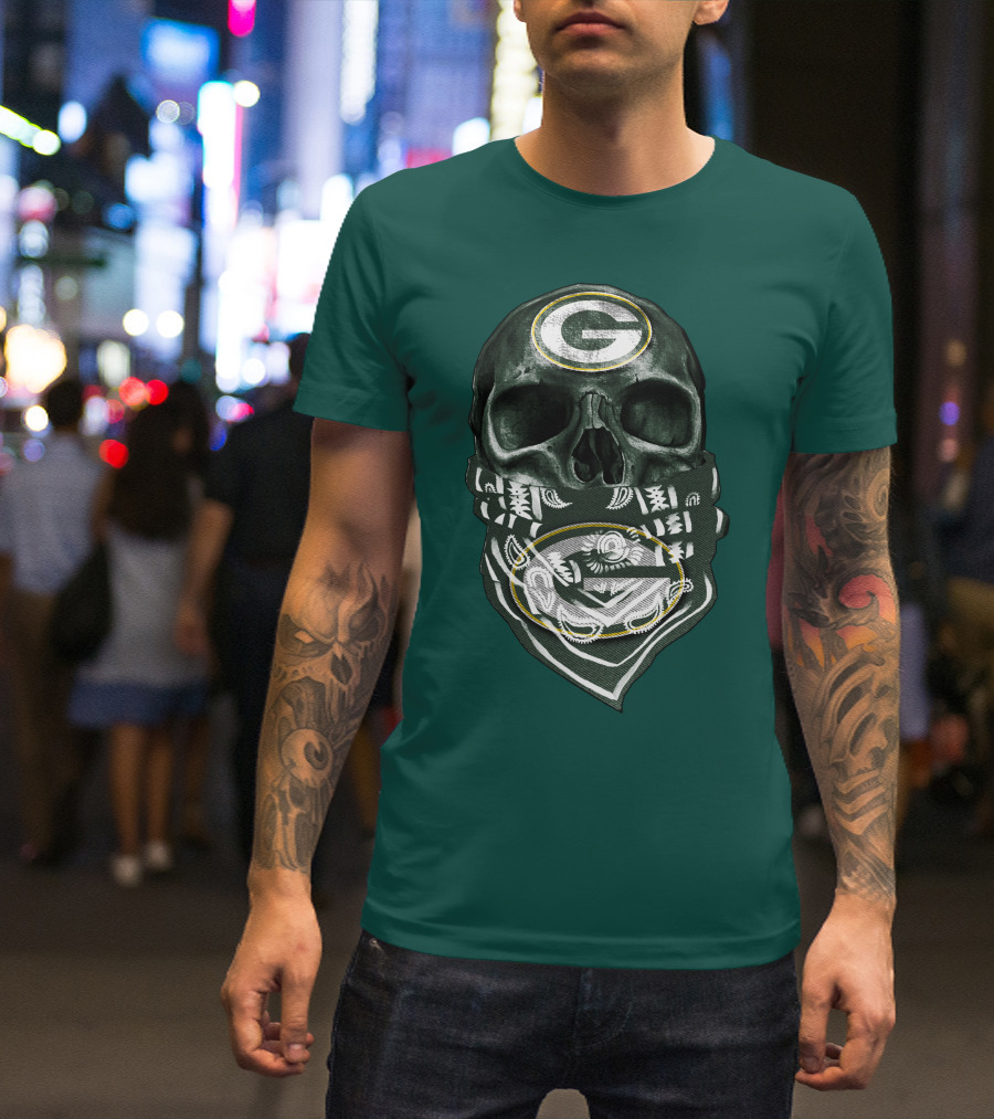 Skull Wearing Green Bay Packers Bandana T-Shirt
