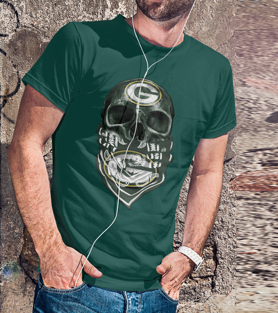 Skull Wearing Green Bay Packers Bandana T-Shirt