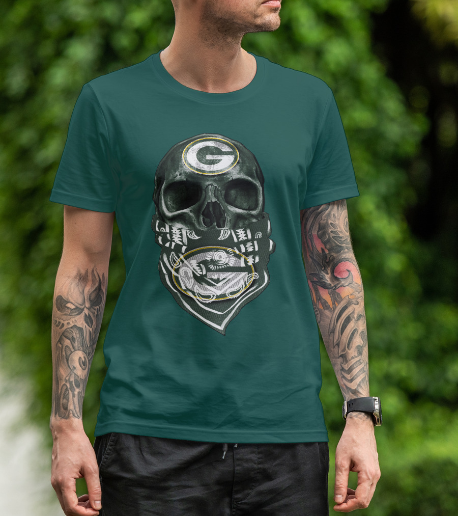 Skull Wearing Green Bay Packers Bandana T-Shirt