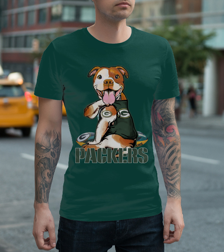 Pitbull Dog in Green Bay Packers Jersey with Football T-Shirt