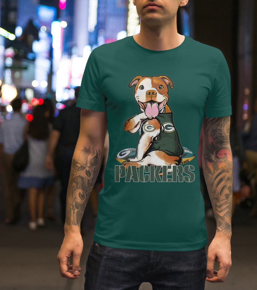 Pitbull Dog In Green Bay Packers Jersey With Football T-Shirt