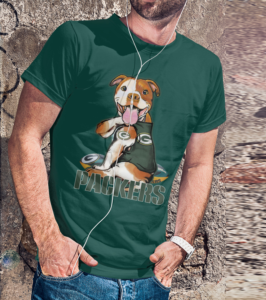 Pitbull Dog In Green Bay Packers Jersey With Football T-Shirt