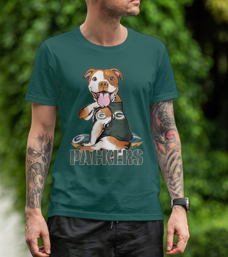 Pitbull Dog In Green Bay Packers Jersey With Football T-Shirt