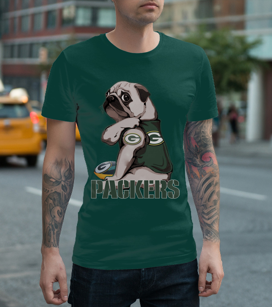 Pug with Green Bay Packers Logo in Team Colors T-Shirt