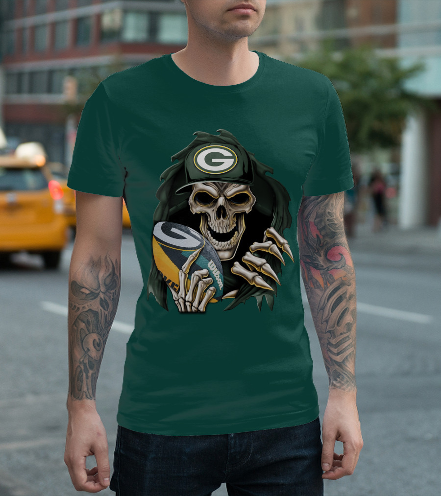 Skull With Green Bay Packers Cap Holding Football On Dark Green T-Shirt