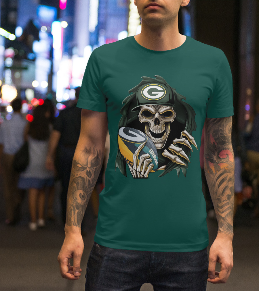 Skull With Green Bay Packers Cap Holding Football On Dark Green T-Shirt