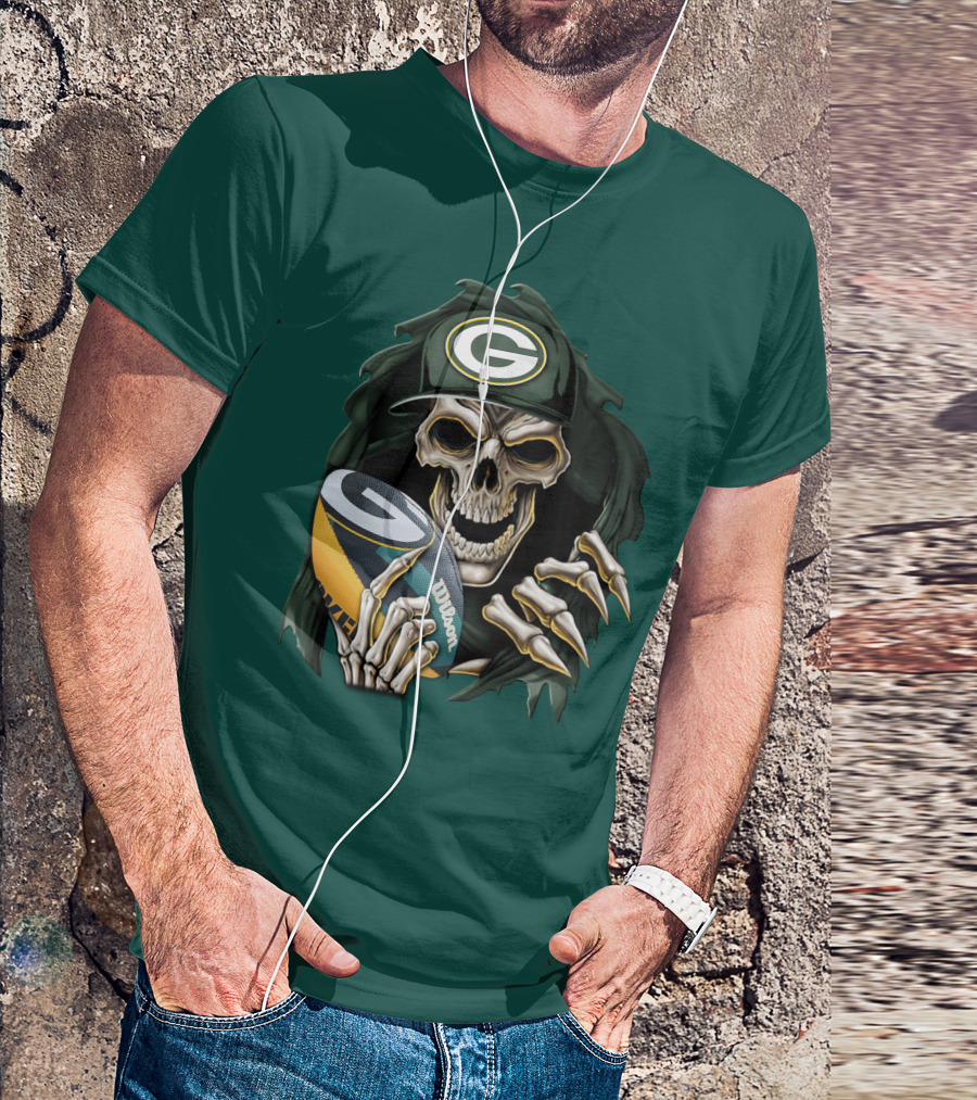 Skull With Green Bay Packers Cap Holding Football On Dark Green T-Shirt