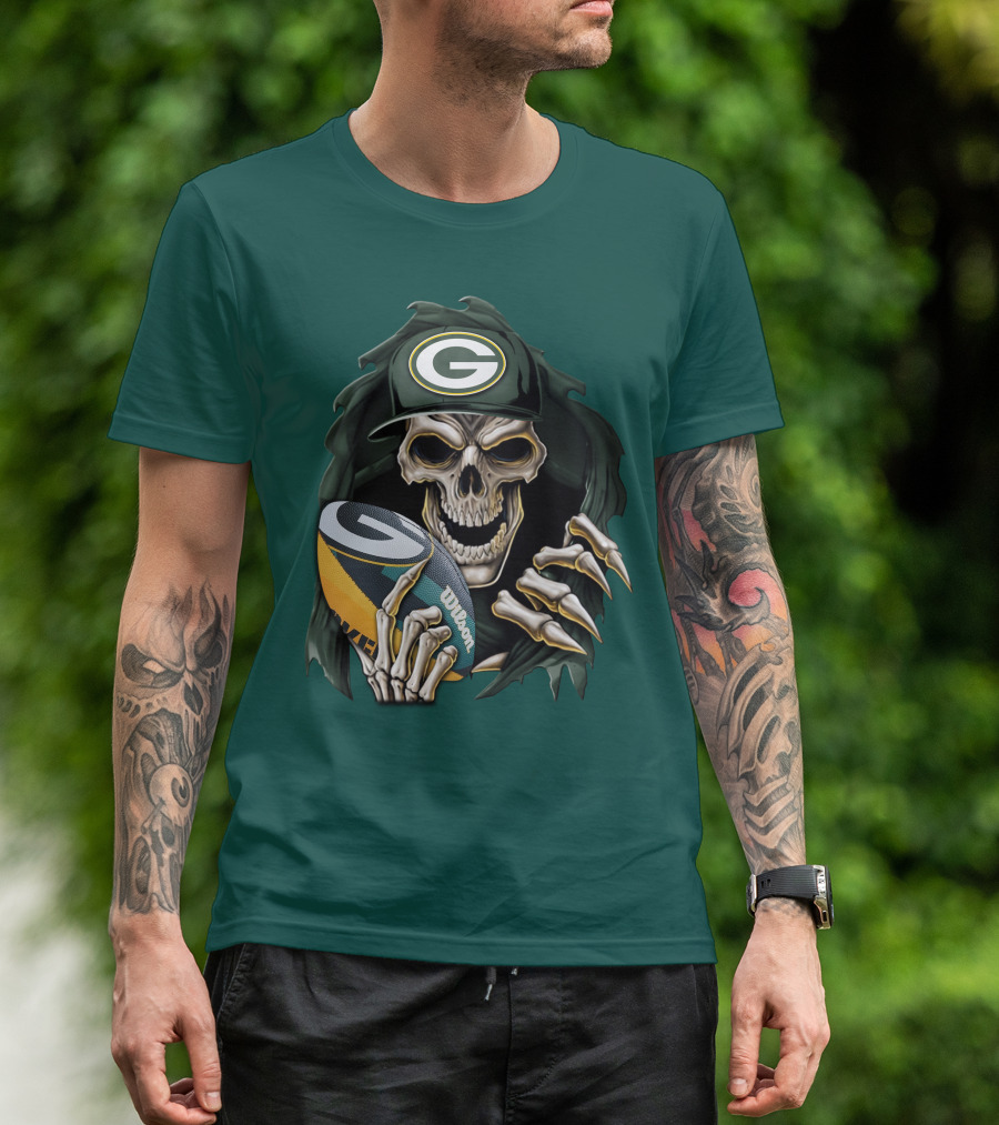 Skull With Green Bay Packers Cap Holding Football On Dark Green T-Shirt