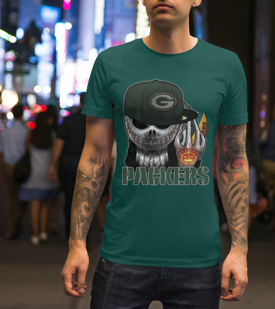 Jackskull Green Bay Packers Halloween Theme Packers Fan Skull T-Shirt