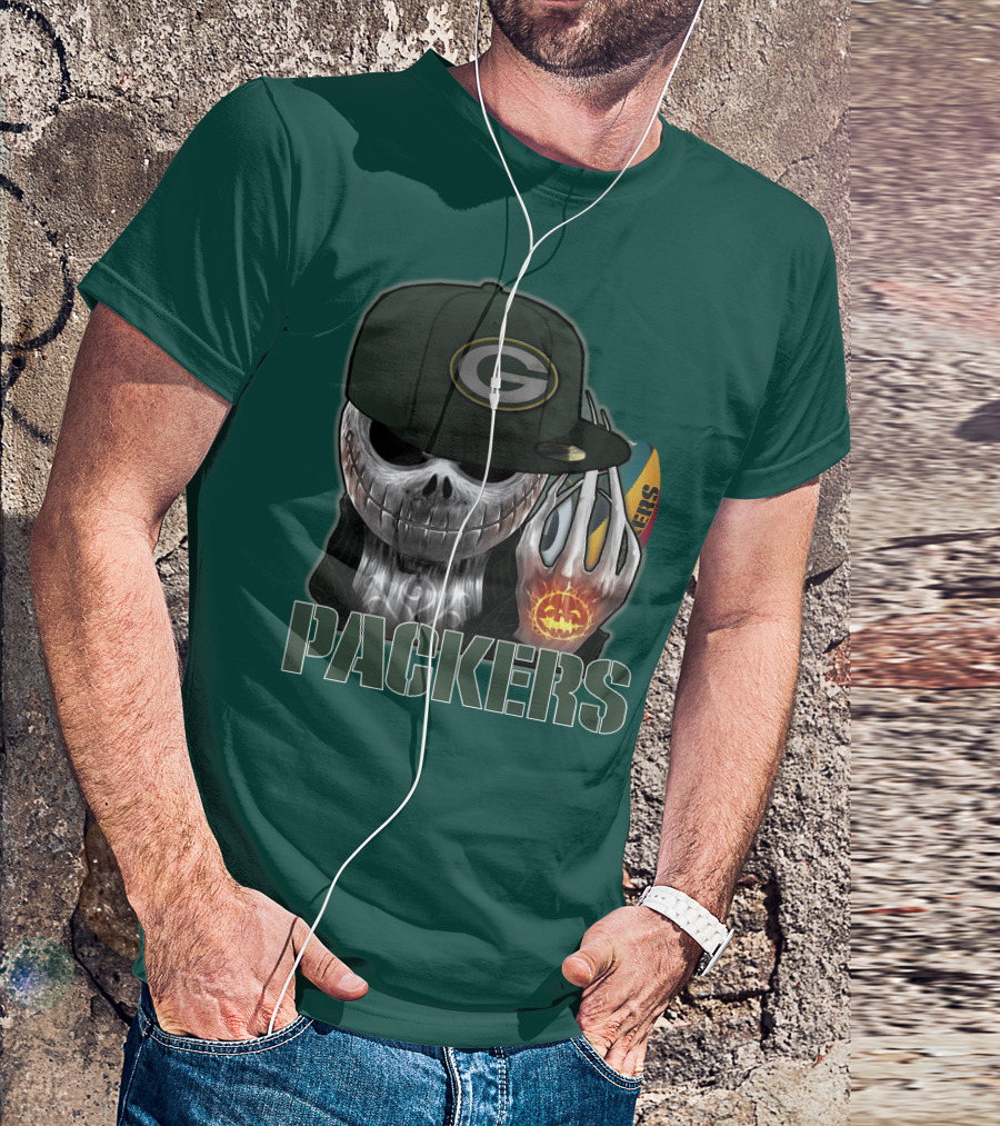 Jackskull Green Bay Packers Halloween Theme Packers Fan Skull T-Shirt